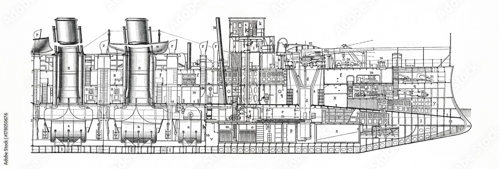 Obraz premium Aft cross section of spanish cruiser Infanta Maria Teresa (1890) (from Meyers Lexikon, 1896, 13/472/473)