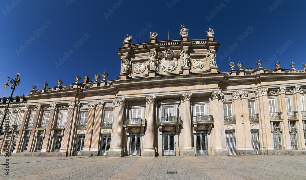 Facade of Royal Palace of La Granja de San Ildefonso, known as La Granja, is an early 18th-century palace in the small town of San Ildefonso, Segovia, Spain