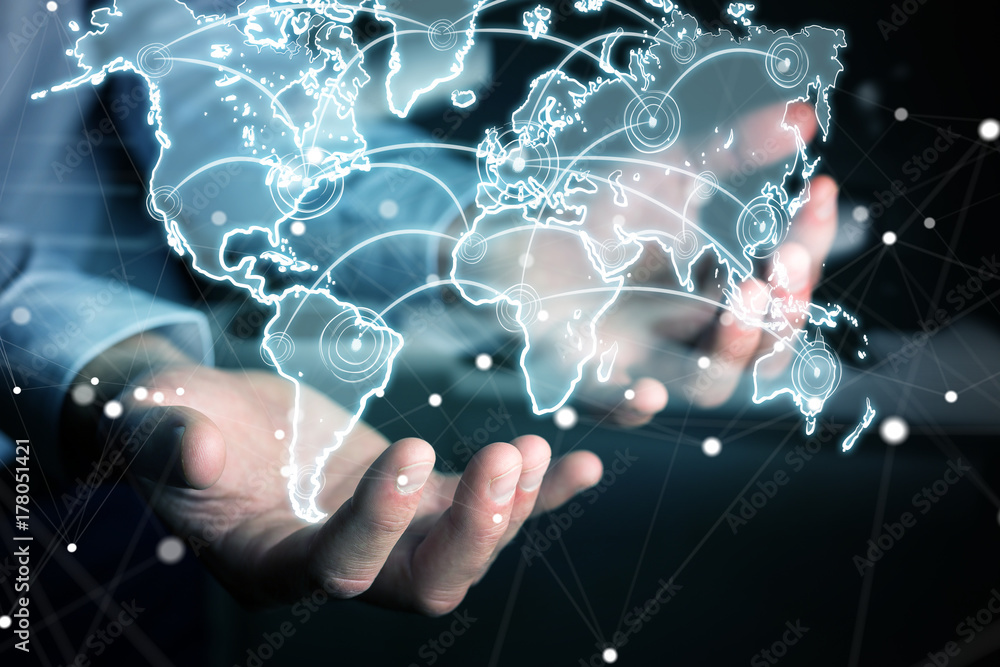 Businessman holding world connection sketch Businessman holding world connection sketch