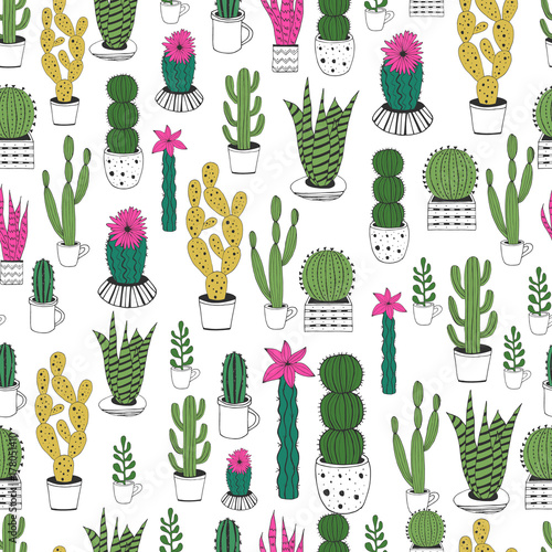 Hand drawn cacti in pots. Pattern. Vector background.