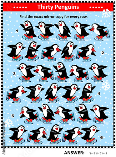 Christmas, winter or New Year IQ training visual puzzle: Match the pairs - find the exact mirror copy for every row of skating penguins. Answer included.
