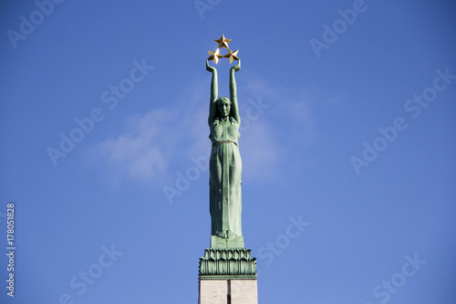 Freedom Monument in the Independence Square in Riga on Brivibas Boulevard. In honor of those who died for the independence of Latvia. Architect Ernests Stalbergs, sculptor Karlis Zale
