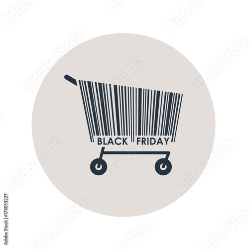 Icono plano codigo de barras carrito BLACK FRIDAY en circulo gris