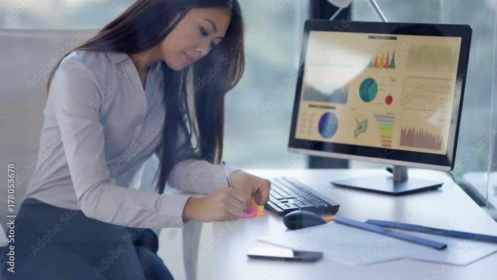 Businesswoman brainstorming with sticky notes in corporate office Businesswoman brainstorming with sticky notes in corporate office