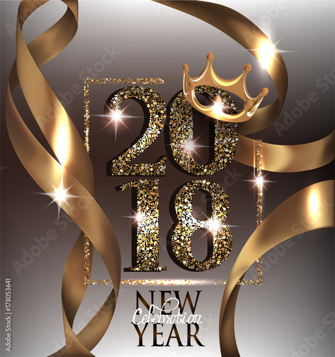 New year background with ribbons, frame and gold letters. Vector illustration