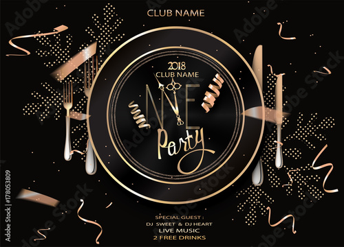 New year eve invitation card with cold confetti, plate and cutlery. Vector illustration