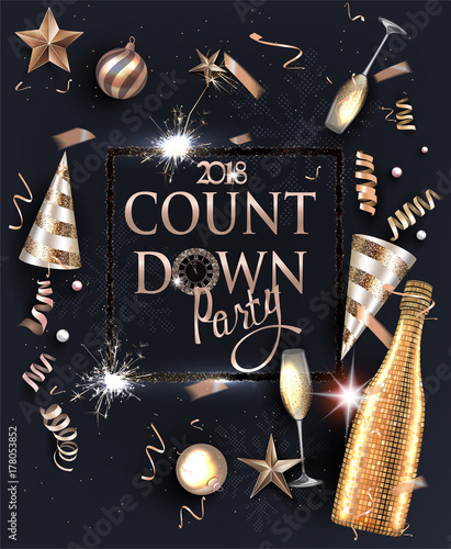 New year eve invitation card with deco objects and sparkler frame. Vector illustration