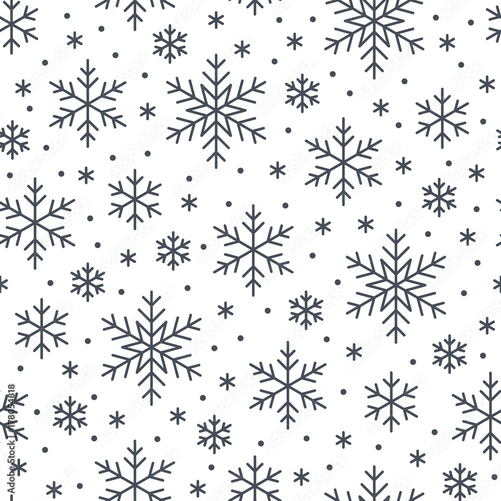 Christmas, new year seamless pattern, snowflakes line illustration. Vector icons of winter holidays, cold season snow flakes, snowfall. Celebration party black white repeated background.