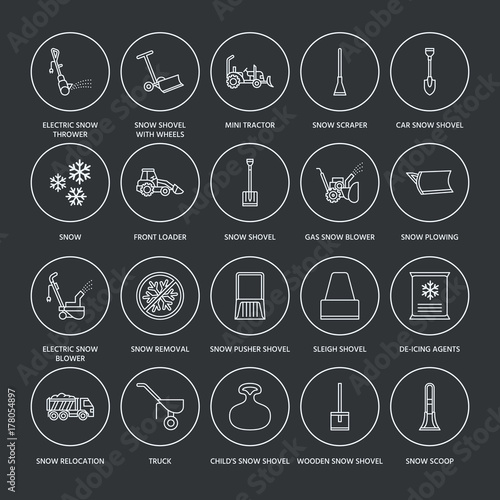 Snow removal flat line icons. Ice relocation service signs. Cold weather equipment - snow thrower, blower, truck, front loader, snow shovel. Vector illustration, industrial cleaning symbols.
