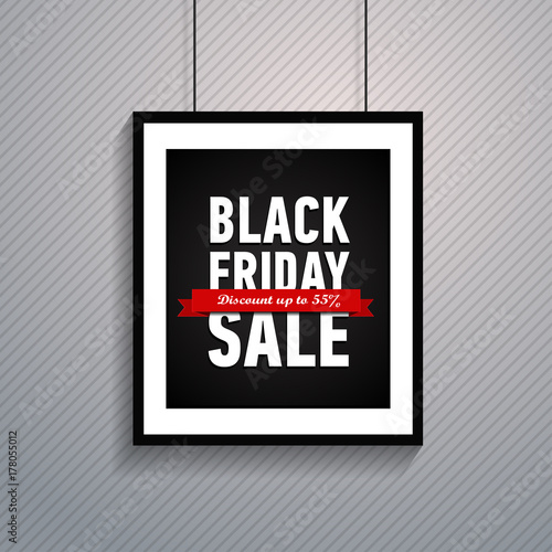 Black friday sale poster with red ribbon hanging on ropes. Trendy shopping banner. Discount up to 55. Online shopping