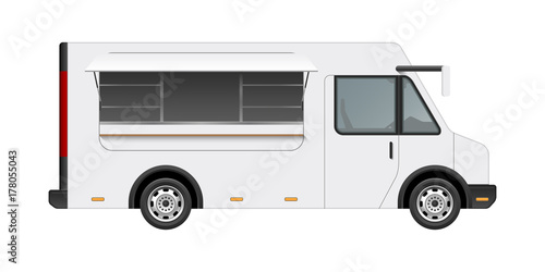 White food truck vector mock up template. Side view of realistic modern delivery service vehicle isolated on white background. Can be used for branding, logo placement, advertising