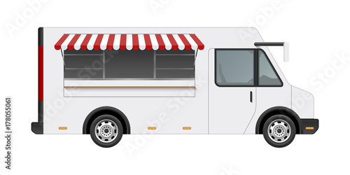 White food truck vector mock up template. Side view of realistic modern delivery service vehicle isolated on white background. Can be used for branding, logo placement, advertising