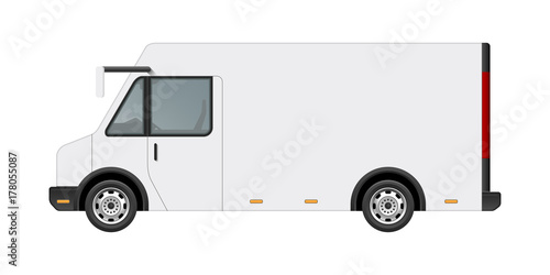 White food truck vector mock up template. Side view of realistic modern delivery service vehicle isolated on white background. Can be used for branding, logo placement, advertising