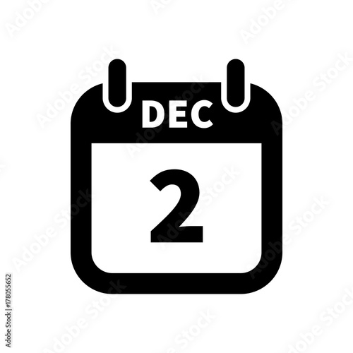 Simple black calendar icon with 2 december date isolated on white