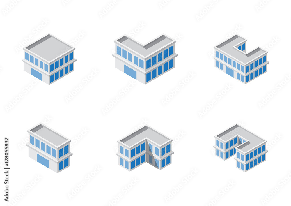isometric building set. office industry construction isometric building set. office industry construction