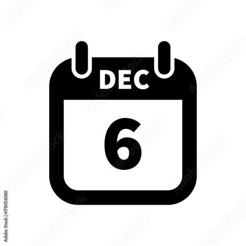 Simple black calendar icon with 6 december date isolated on white
