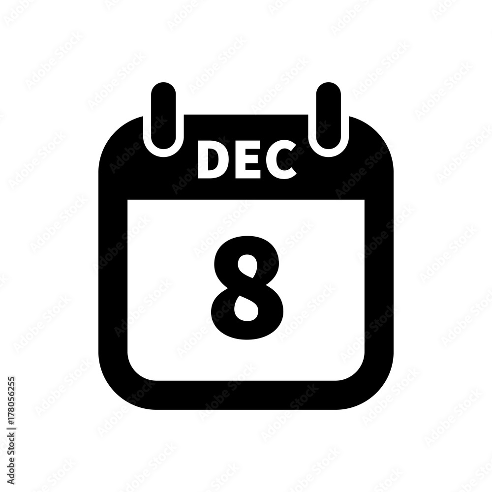 Simple black calendar icon with 8 december date isolated on white Simple black calendar icon with 8 december date isolated on white