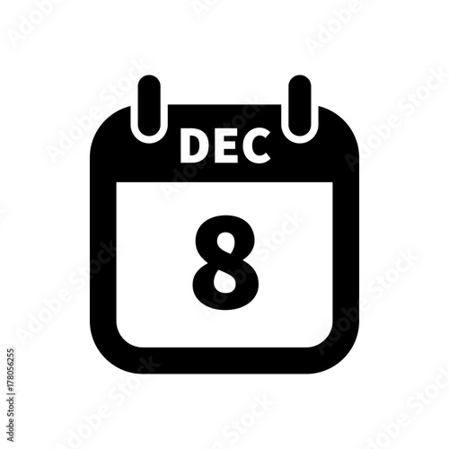Simple black calendar icon with 8 december date isolated on white