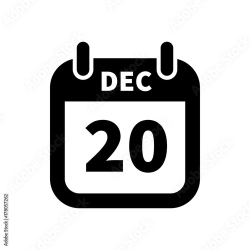 Simple black calendar icon with 20 december date isolated on white