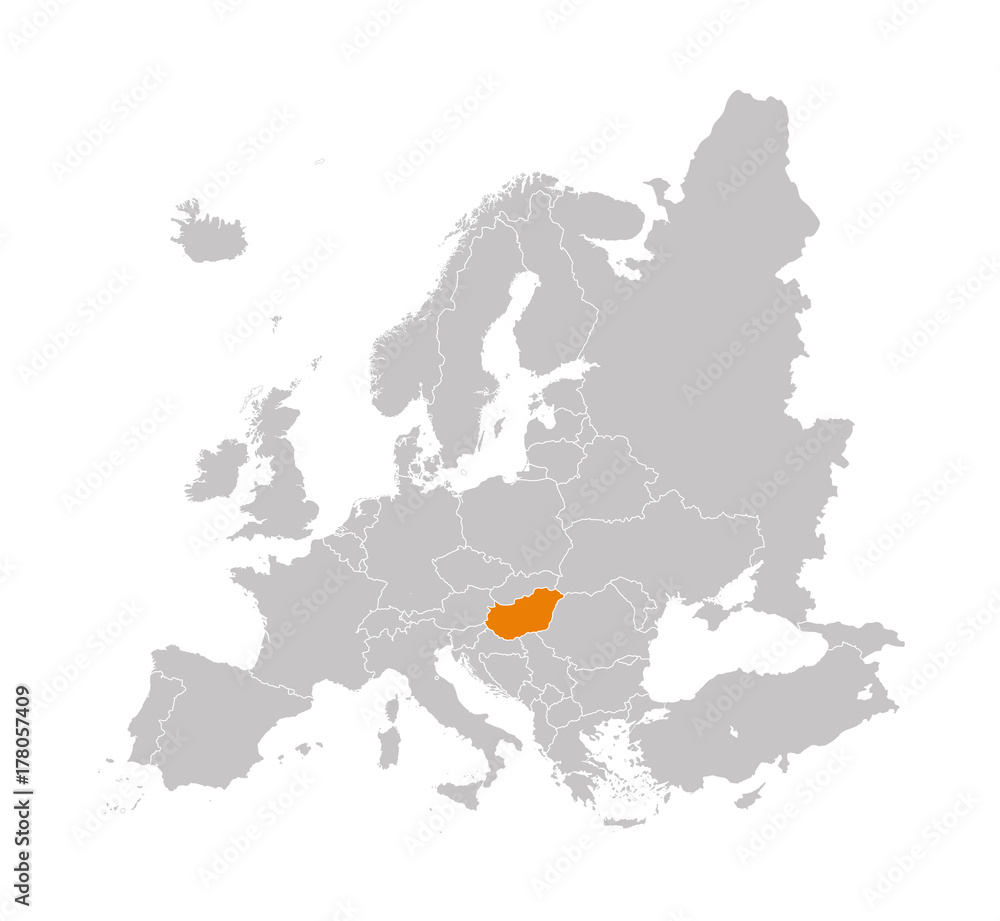 Fototapeta premium Terytorium Węgier na mapie Europy na białym tle