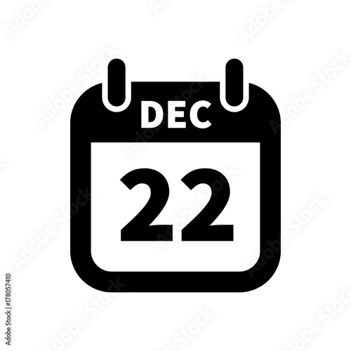 Simple black calendar icon with 22 december date isolated on white