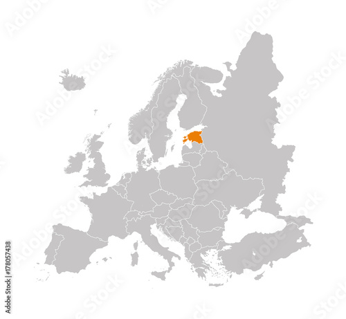 Territory of Estonia on Europe map on a white background