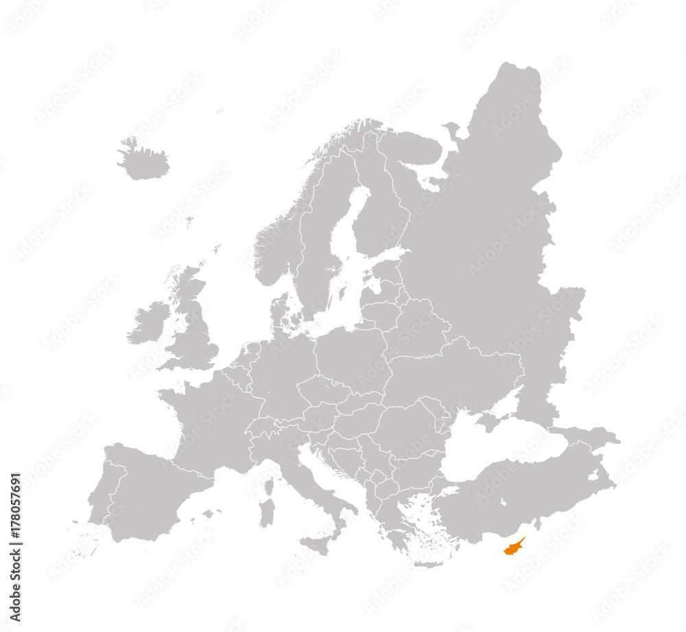 Territory of Cyprus on Europe map on a white background