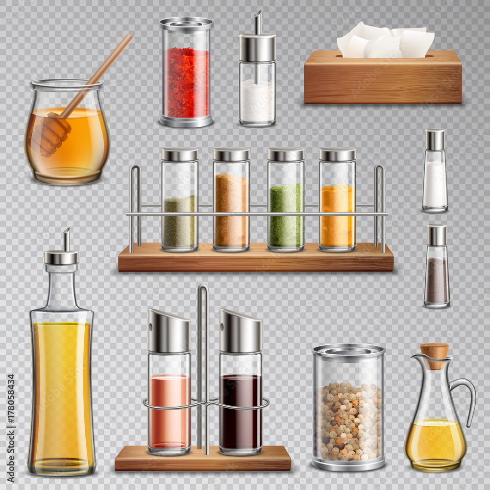 Seasoning Spices Realistic Set Transparent Seasoning Spices Realistic Set Transparent