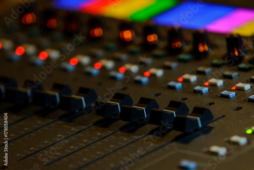 Close up photo of audio mixer. Sound control panel at concert