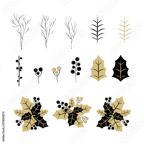 Set of Christmas elements for typographic design. Leaves, branches, berries in black and gold colour scheme. Vector illustration in modern style.