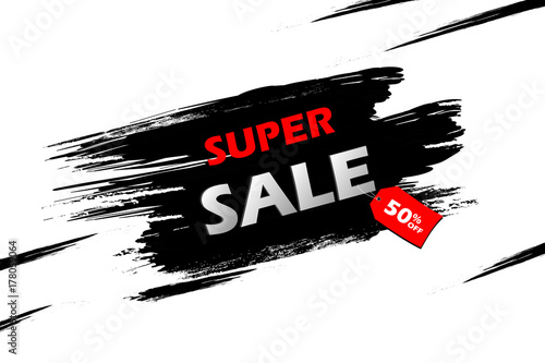Super sale with red tag On a black grunge smear, brush strokes Isolated over white background. Black, Red and White Super Sale vector illustration.