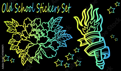 A collection of sketch tattoos - an old school style. Detailed peony flower -...