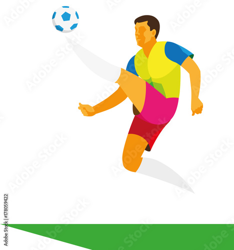 Tall football striker stops the ball in a jump