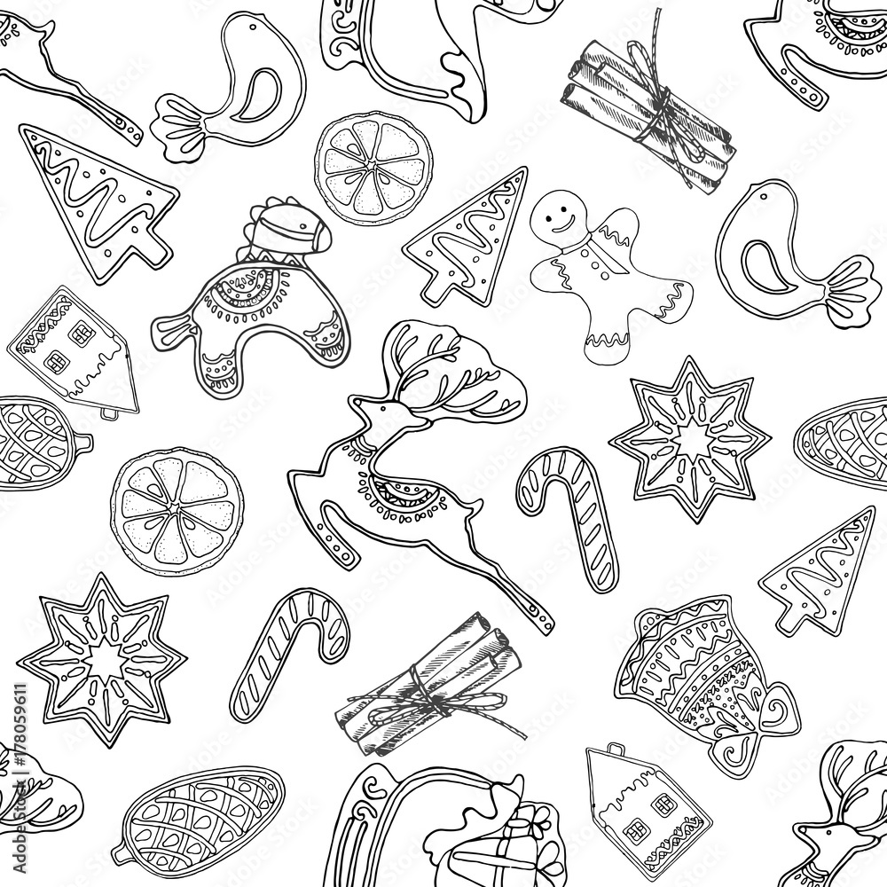 Seamless pattern of hand drawn sketch style Christmas and New Year themed objects. Vector illustration isolated on white background.