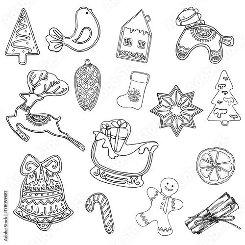 Set of hand drawn sketch style Christmas and New Year themed objects. Vector illustration isolated on white background.