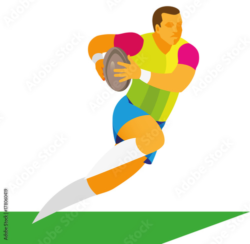A tall and powerful rugby player tries to run the ball into the attack