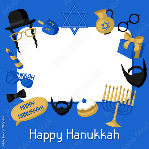 Happy Hanukkah frame with photo booth stickers. Accessories for festival and party
