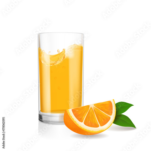 Fresh orange and glass with juice. Realistic vector illustration
