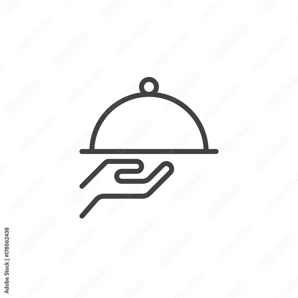 Tray in waiter hand line icon, outline vector sign, linear style pictogram isolated on white. Cloche food cover symbol, logo illustration. Editable stroke Tray in waiter hand line icon, outline vector sign, linear style pictogram isolated on white. Cloche food cover symbol, logo illustration. Editable stroke