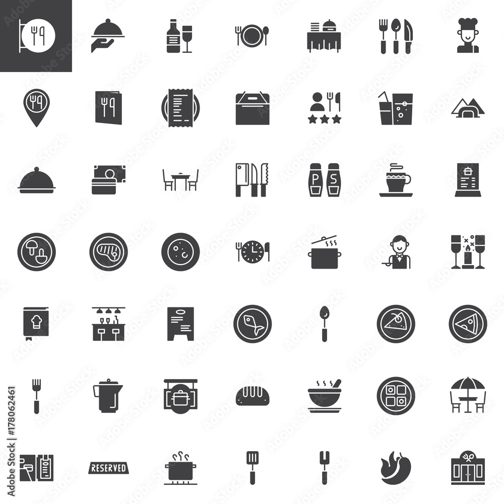 Restaurant cafe vector icons set, modern solid symbol collection, filled pictogram pack. Signs, logo illustration. Set includes icons as as restaurant sign, restaurant location, dishes and food Restaurant cafe vector icons set, modern solid symbol collection, filled pictogram pack. Signs, logo illustration. Set includes icons as as restaurant sign, restaurant location, dishes and food