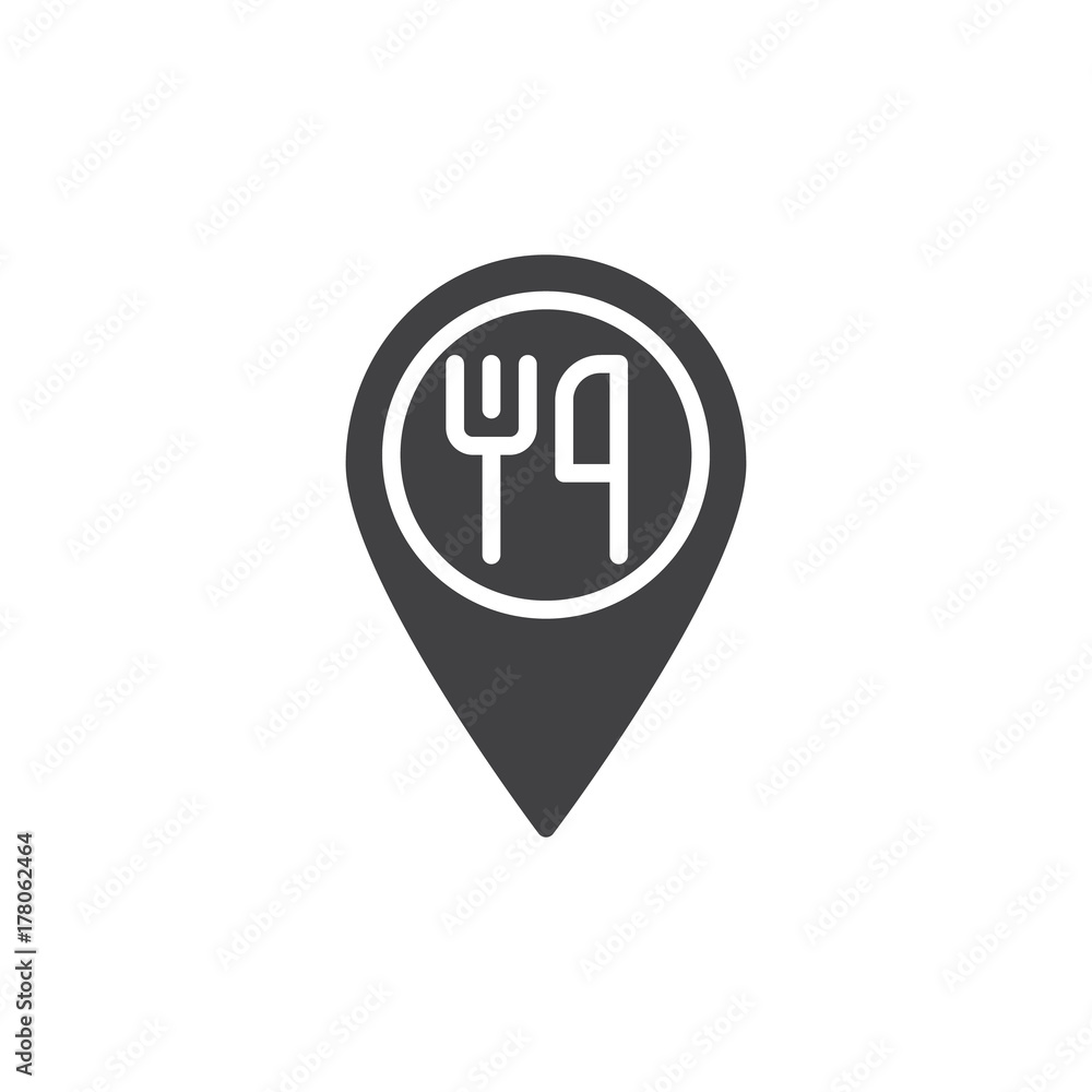 Restaurant location with fork and knife icon vector, filled flat sign, solid pictogram isolated on white. Symbol, logo illustration. Restaurant location with fork and knife icon vector, filled flat sign, solid pictogram isolated on white. Symbol, logo illustration.