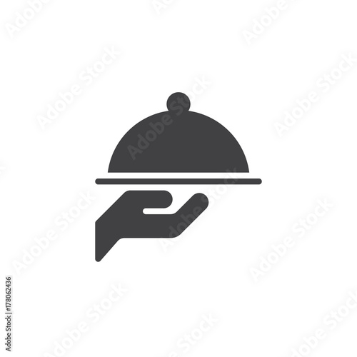 Tray in waiter hand icon vector, filled flat sign, solid pictogram isolated on white. Cloche food cover symbol, logo illustration.