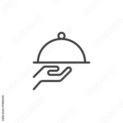 Tray in waiter hand line icon, outline vector sign, linear style pictogram isolated on white. Cloche food cover symbol, logo illustration. Editable stroke