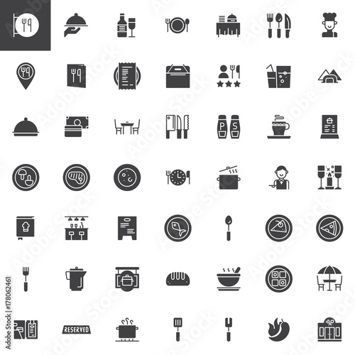 Restaurant cafe vector icons set, modern solid symbol collection, filled pictogram pack. Signs, logo illustration. Set includes icons as as restaurant sign, restaurant location, dishes and food