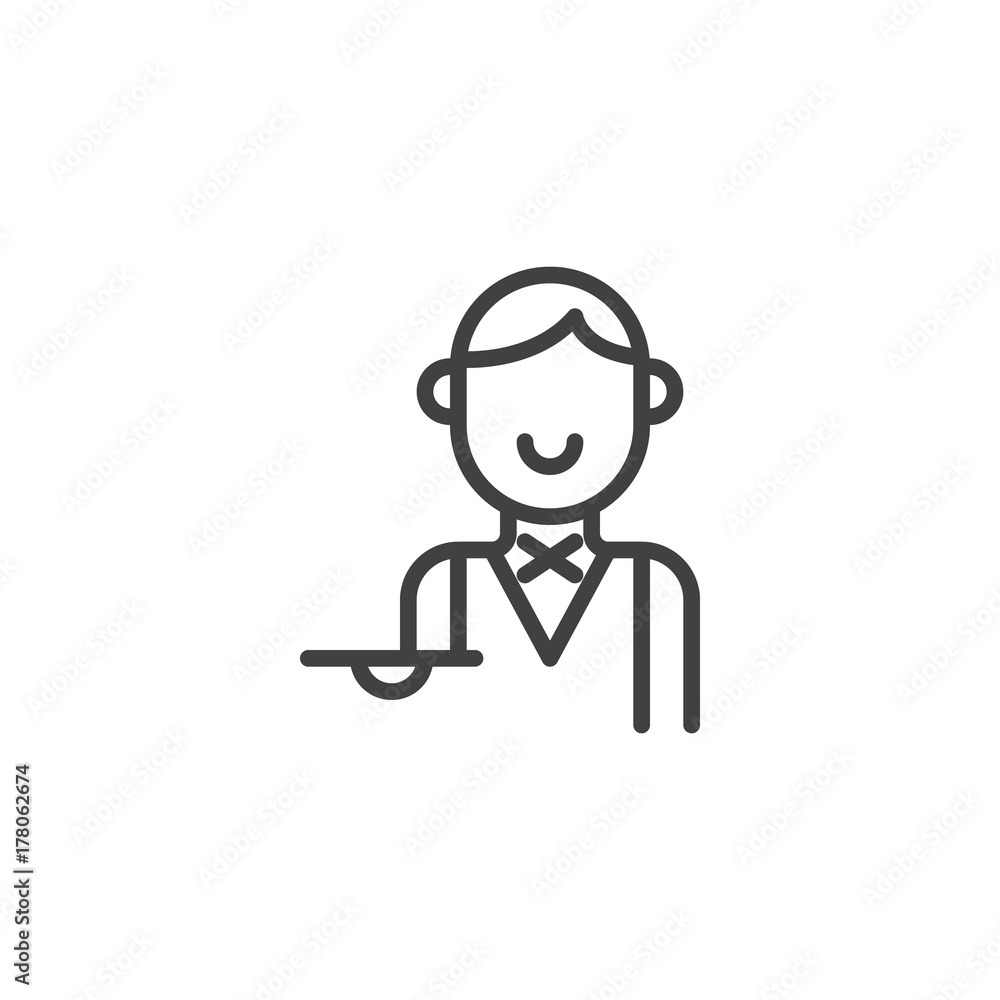 Waiter with tray line icon, outline vector sign, linear style pictogram isolated on white. Symbol, logo illustration. Editable stroke Waiter with tray line icon, outline vector sign, linear style pictogram isolated on white. Symbol, logo illustration. Editable stroke
