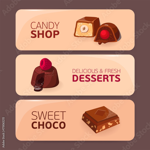 Bundle of colorful horizontal banners with delicious desserts or tasty sweet ...