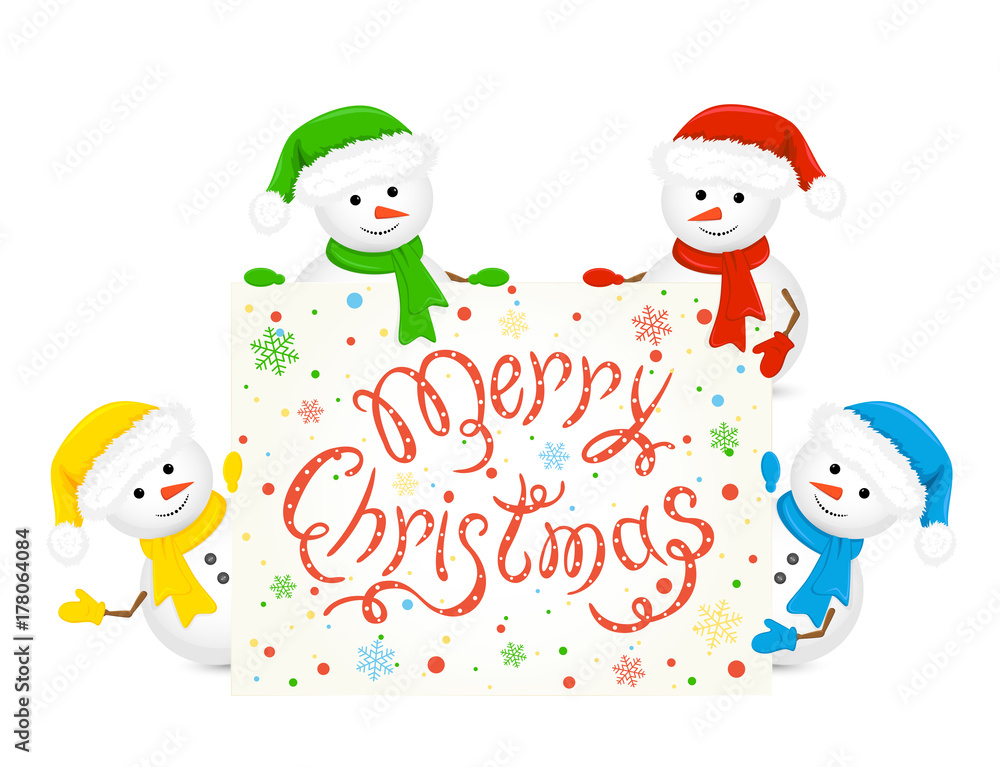 Snowmen holding card with text Merry Christmas Snowmen holding card with text Merry Christmas
