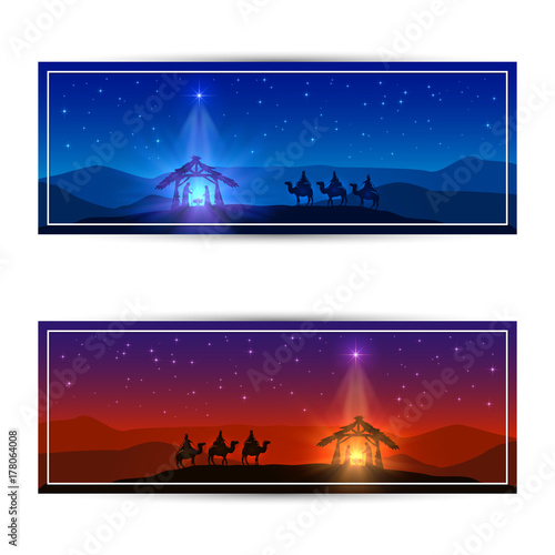 Two Christmas cards with star and birth of Jesus