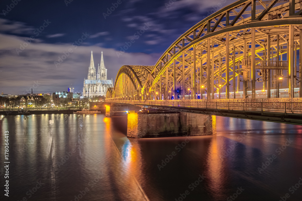 Cologne city skyline at night in Cologne,  Germany