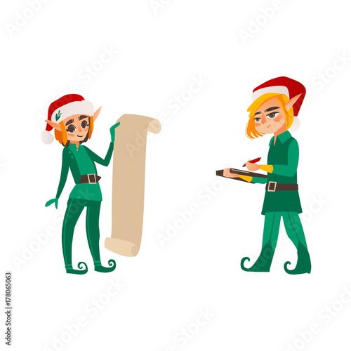 Two Christmas elves, Santa helpers, one holding present list, another with document folder, flat cartoon vector illustration isolated on white background. Flat cartoon Christmas elves, Santa helpers